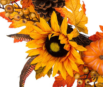 24" Sunflower, Pumpkin, Pine & Leaf Wreath