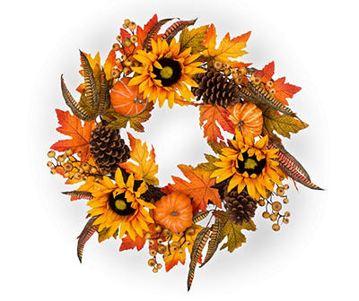 24" Sunflower, Pumpkin, Pine & Leaf Wreath