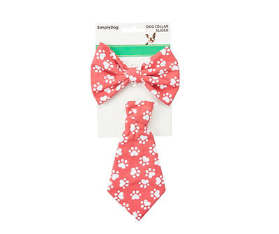 Pet Red Heart Paw Print Bow & Tie Collar Slide Set