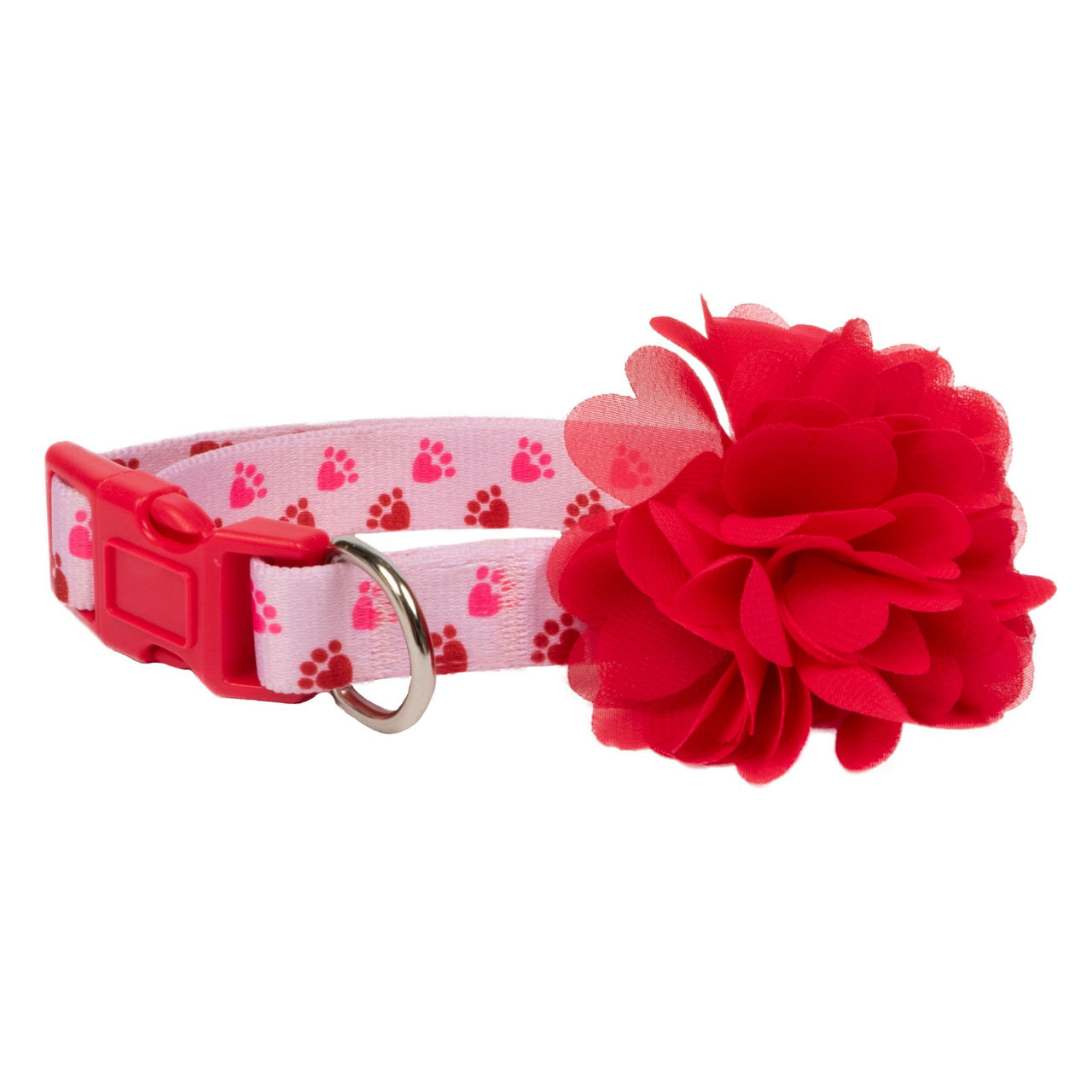 Pet Small/Medium Pink & Red Paw Print Flower Collar
