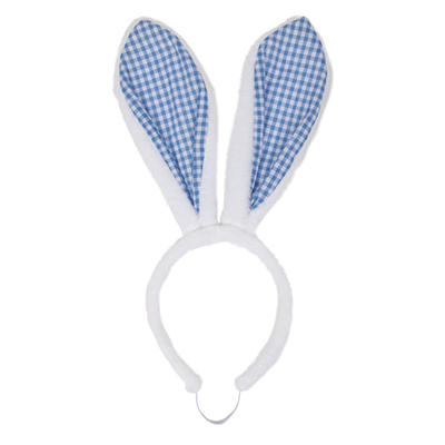 Pet White & Blue Gingham Fuzzy Bunny Ear Headband