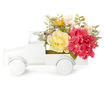 White Truck & Floral Tabletop Decor