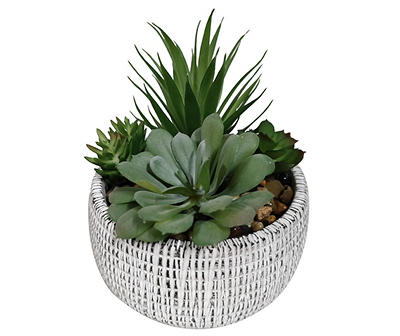 7" Mixed Artificial Succulents in Gray Round Textured Cement Pot