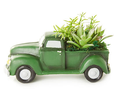 Daisies & Succulents in Green Resin Truck