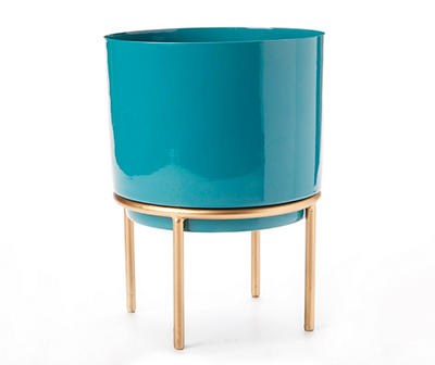 BLUE METAL PLANTER W GOLD STAND