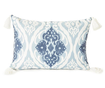 Blue Ikat Outdoor Lumbar Throw Pillow with Tassels