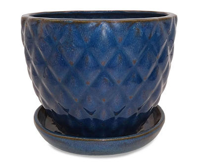 7.5" Blue Diamond-Lattice Beveled Ceramic Planter