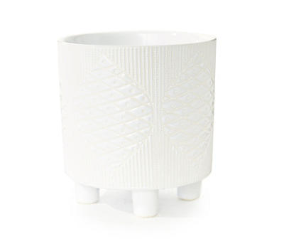 Real Living White Embossed Leaf Pattern Footed Ceramic Planter