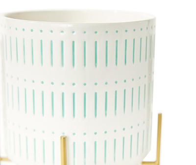 9" White & Blue Line Pattern Ceramic Planter with Gold Stand