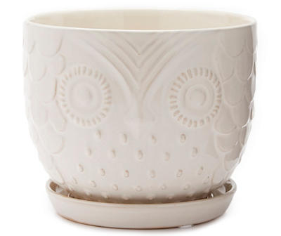 7.9" White Owl Ceramic Planter with Saucer