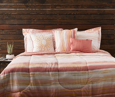 White & Pink Burst Stripe Bed-in-a-Bag Queen 10-Piece Comforter Set