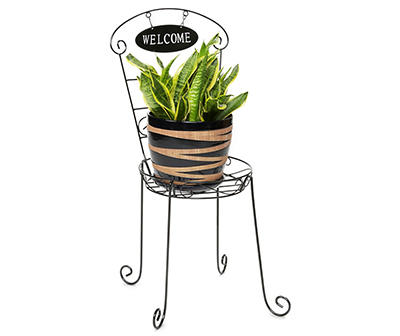 BLACK METAL WELCOME CHAIR PLANT STAND