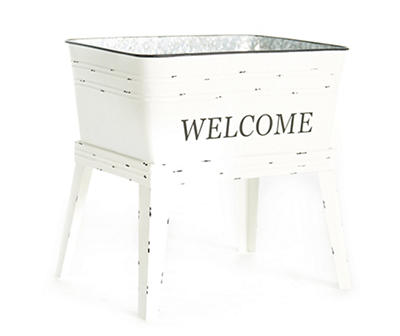 WELCOME ELEVATED WHITE METAL PLANTER