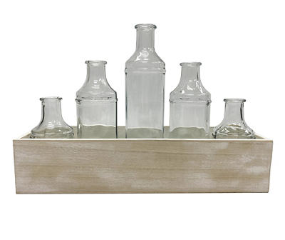 Washed White & Brown 6-Piece Wooden Tray & Glass Vase Set