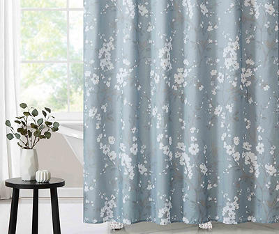 Cherry Blossom Celestial Blue Floral Fabric Shower Curtain Set