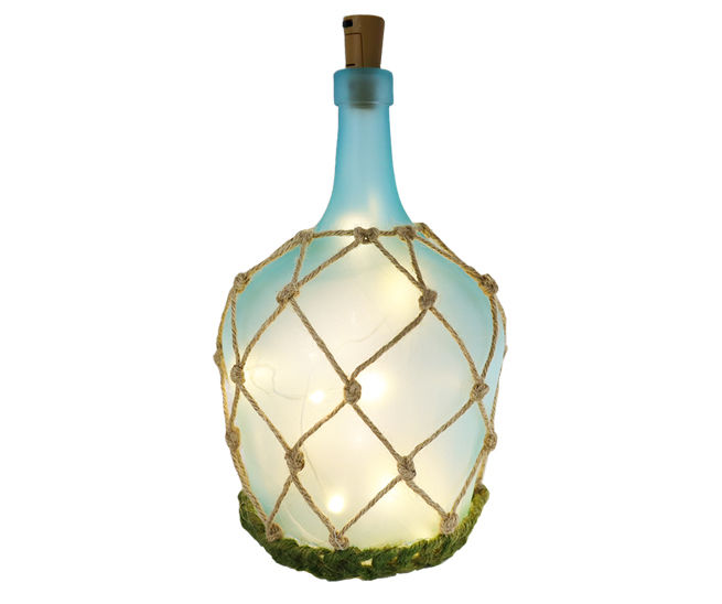 11.25" Blue Light-Up Frosted Coastal Glass Bottle