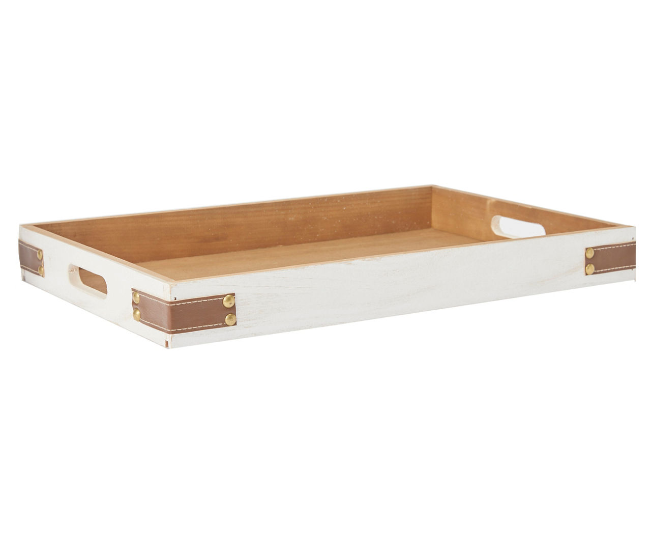 White Decorative Tray With Brown Faux Leather Accents