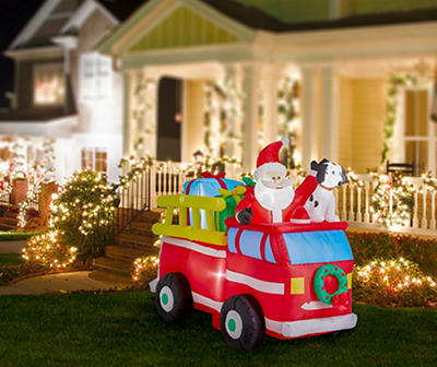 7' Inflatable LED Santa & Dalmatian in Fire Truck
