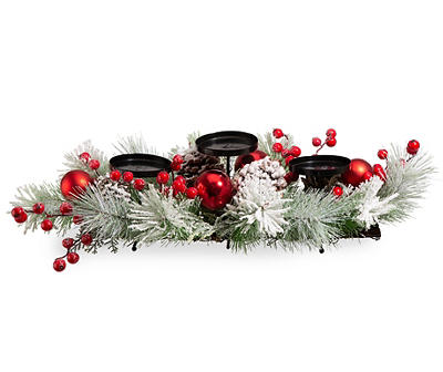 Snowy Pine & Red Berries 3-Piece Pillar Candle Holder Centerpiece