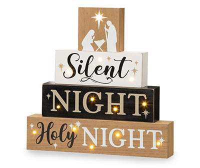 "Silent Night" White, Black & Tan LED Nativity Block Sign