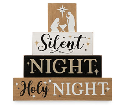 "Silent Night" White, Black & Tan LED Nativity Block Sign