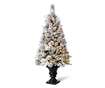 Glitzhome Pine Flocked Pre-Lit LED Artificial Christmas Pot Tree with Warm White Lights