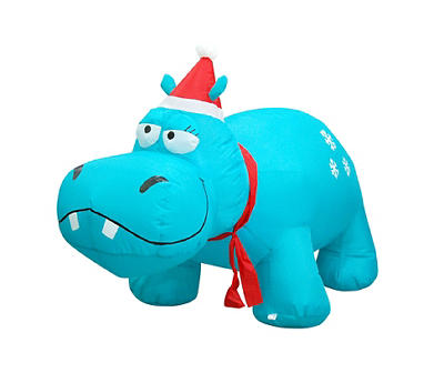 4' Inflatable LED Blue Hippo with Santa Hat