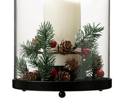 Glass LED Pillar Candle Lantern with Pine & Berries