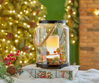 Glass LED Pillar Candle Lantern with Pine & Berries