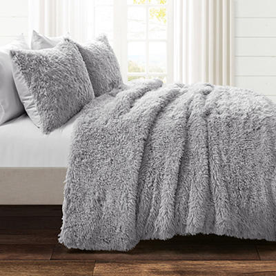 Emma Light Gray Faux Fur King 3-Piece Comforter Set
