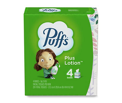 Puffs Plus Lotion Facial Tissue, 4 Cube Boxes, 56 Facial Tissues Per Cube