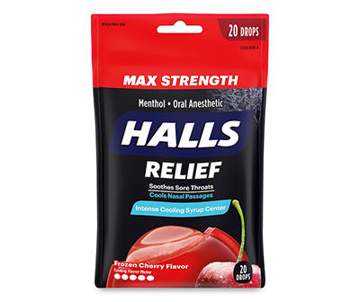 Halls Relief Max Strength Frozen Cherry Flavor  Oral Anesthetic Drops 20 ct Bag