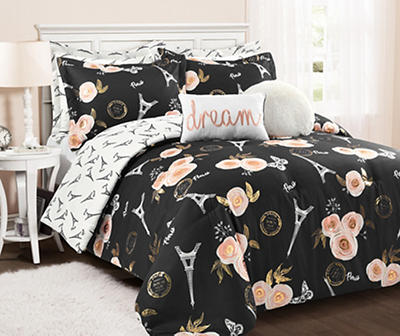 Black & Peach Botanical Paris Full/Queen 7-Piece Comforter Set