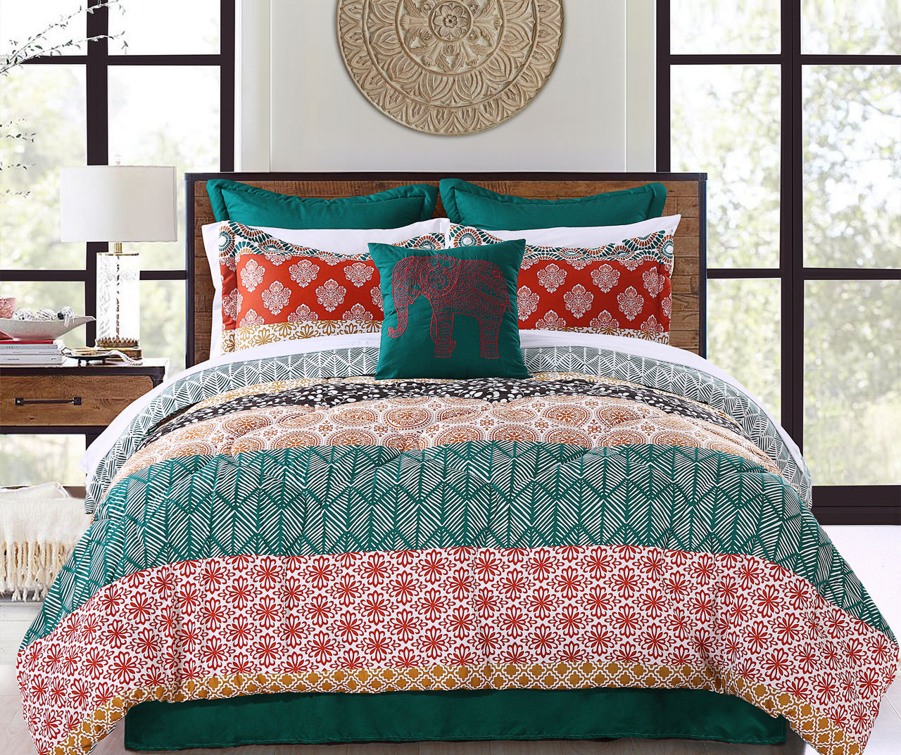 Raspberry Red Orange and Turquoise Indian Pattern Vintage Bohemian Chic  Western Style 100% Brushed Cotton Full, Queen Size Bedding Sets
