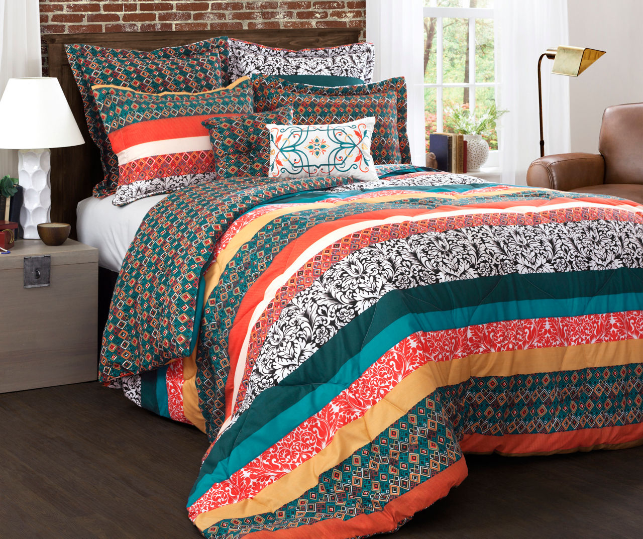 Turquoise, Mustard & Red Boho Floral Color Block Full/Queen 7-Piece Comforter Set