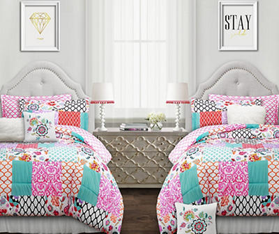 Brookdale White, Pink & Teal Pattern Patchwork Twin 5-Piece Comforter Set