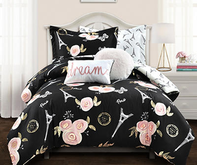 Black & Peach Botanical Paris Twin 5-Piece Comforter Set