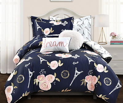 Navy & Peach Botanical Paris Twin/Twin XL 5-Piece Comforter Set