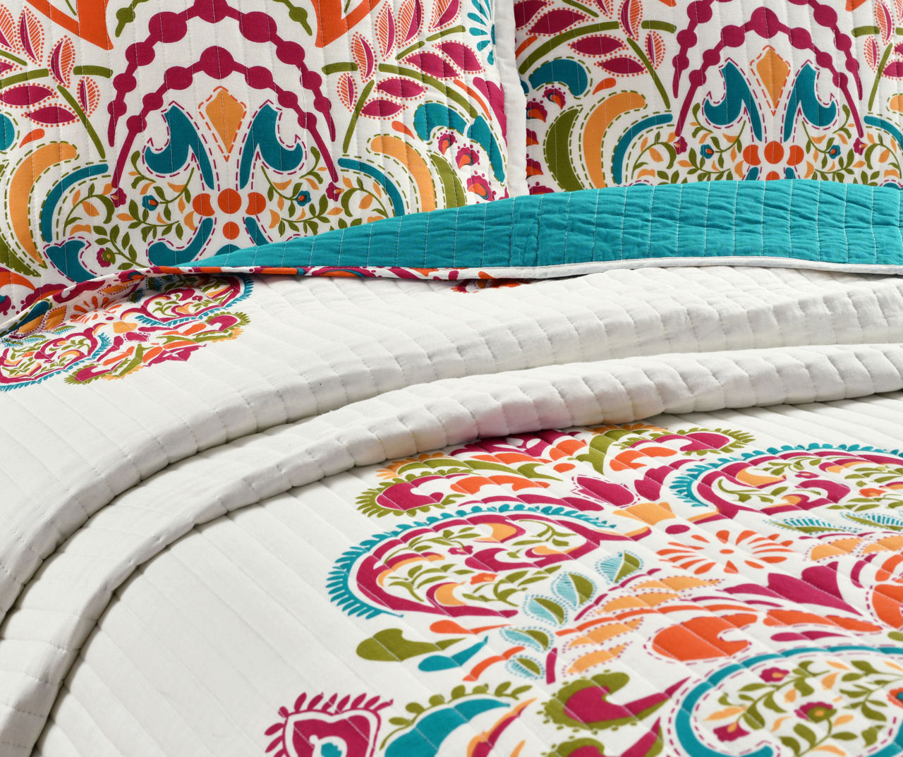 Clara Orange & Turquoise Floral Full/Queen 3-Piece Quilt Set