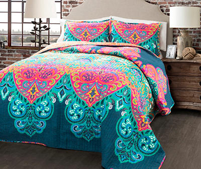 Turquoise & Hot Pink Ornate Paisley Boho Chic Full/Queen 3-Piece Quilt Set