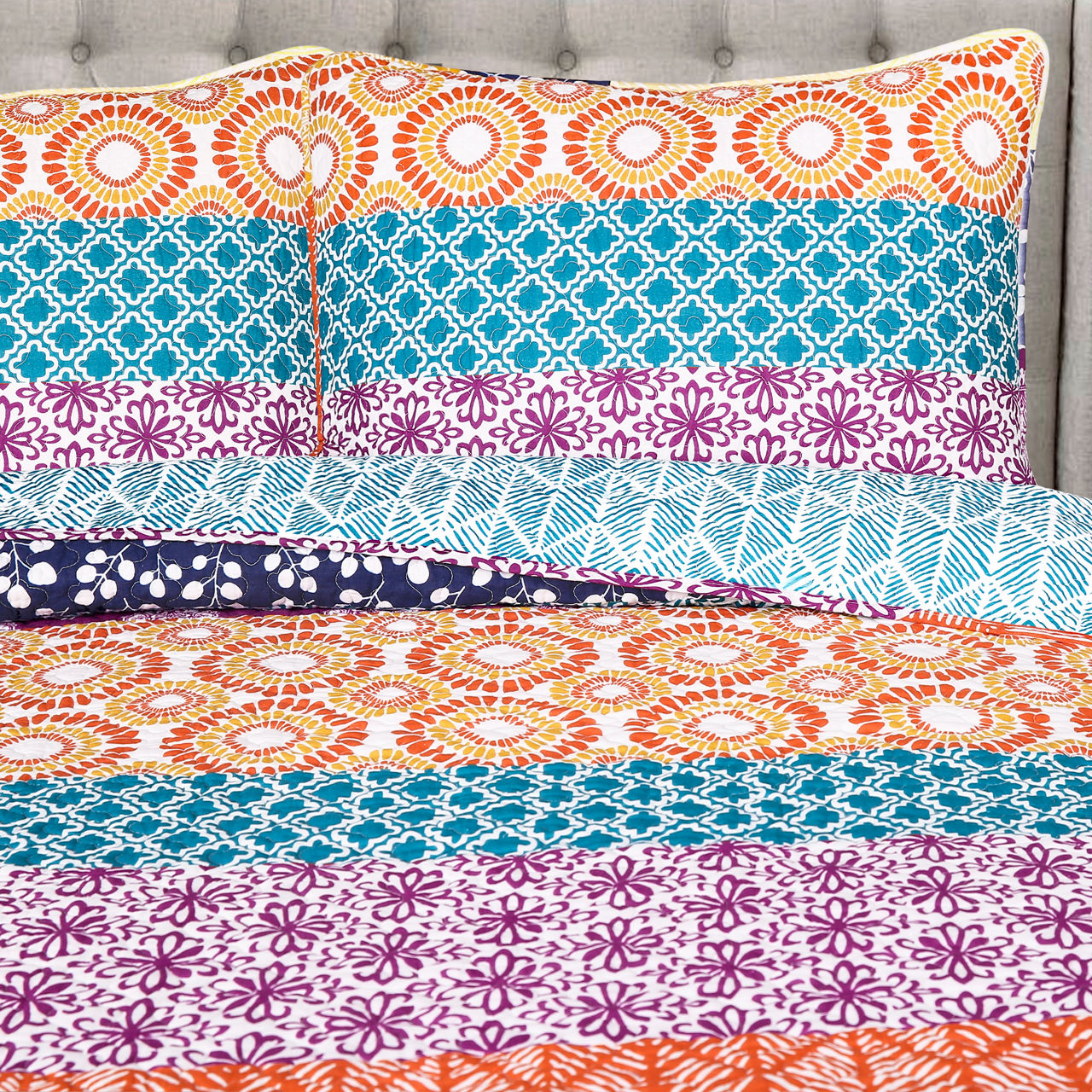 Fuchsia & Orange Bohemian Pattern Stripe Full/Queen 3-Piece Quilt