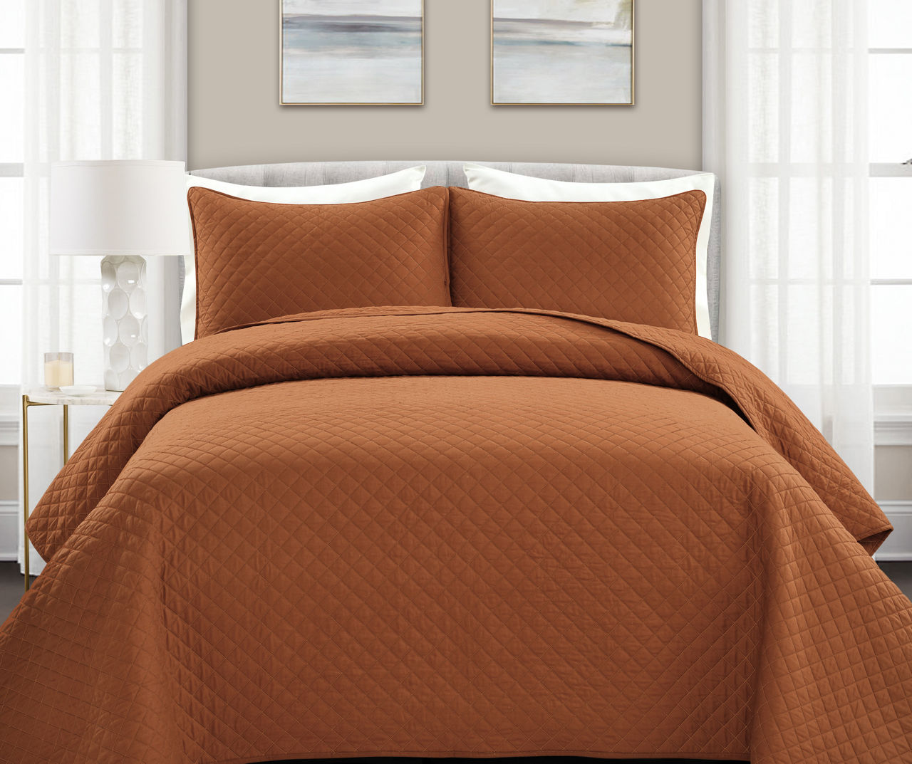 Ava Rust Diamond-Quilted Full/Queen 3-Piece Quilt Set
