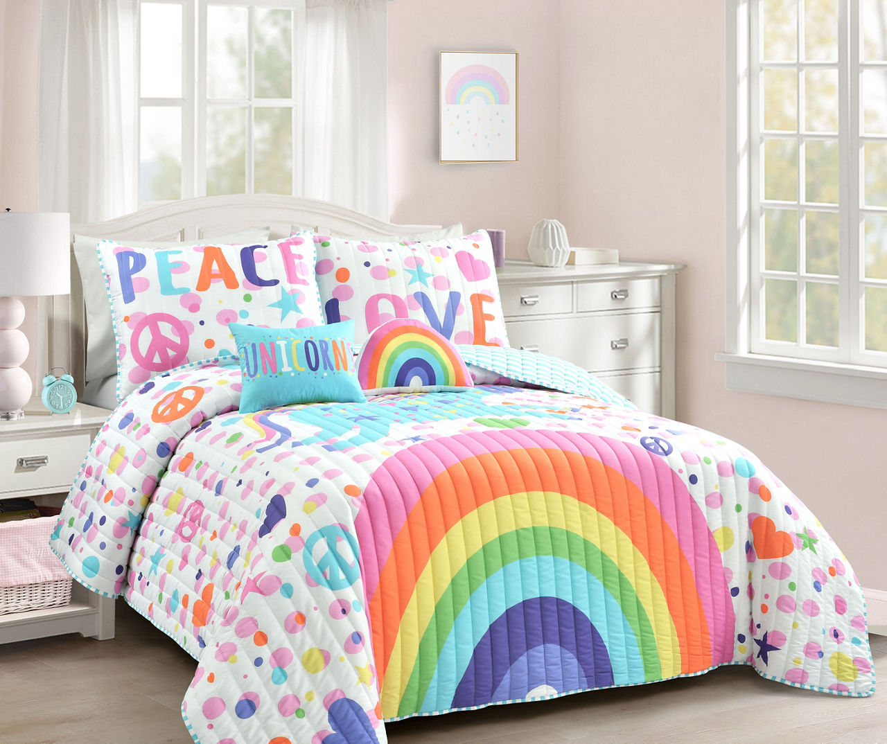 White & Rainbow Unicorn Full/Queen 5-Piece Quilt Set
