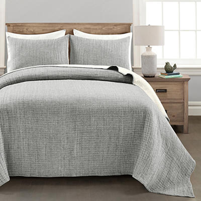 Kantha Light Gray Stitched-Row King 3-Piece Quilt Coverlet Set | Big Lots