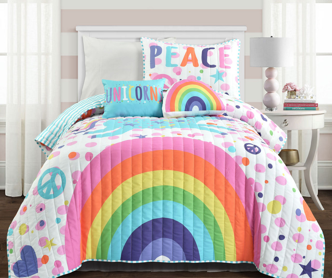 White & Rainbow Unicorn Twin 4-Piece Quilt Set