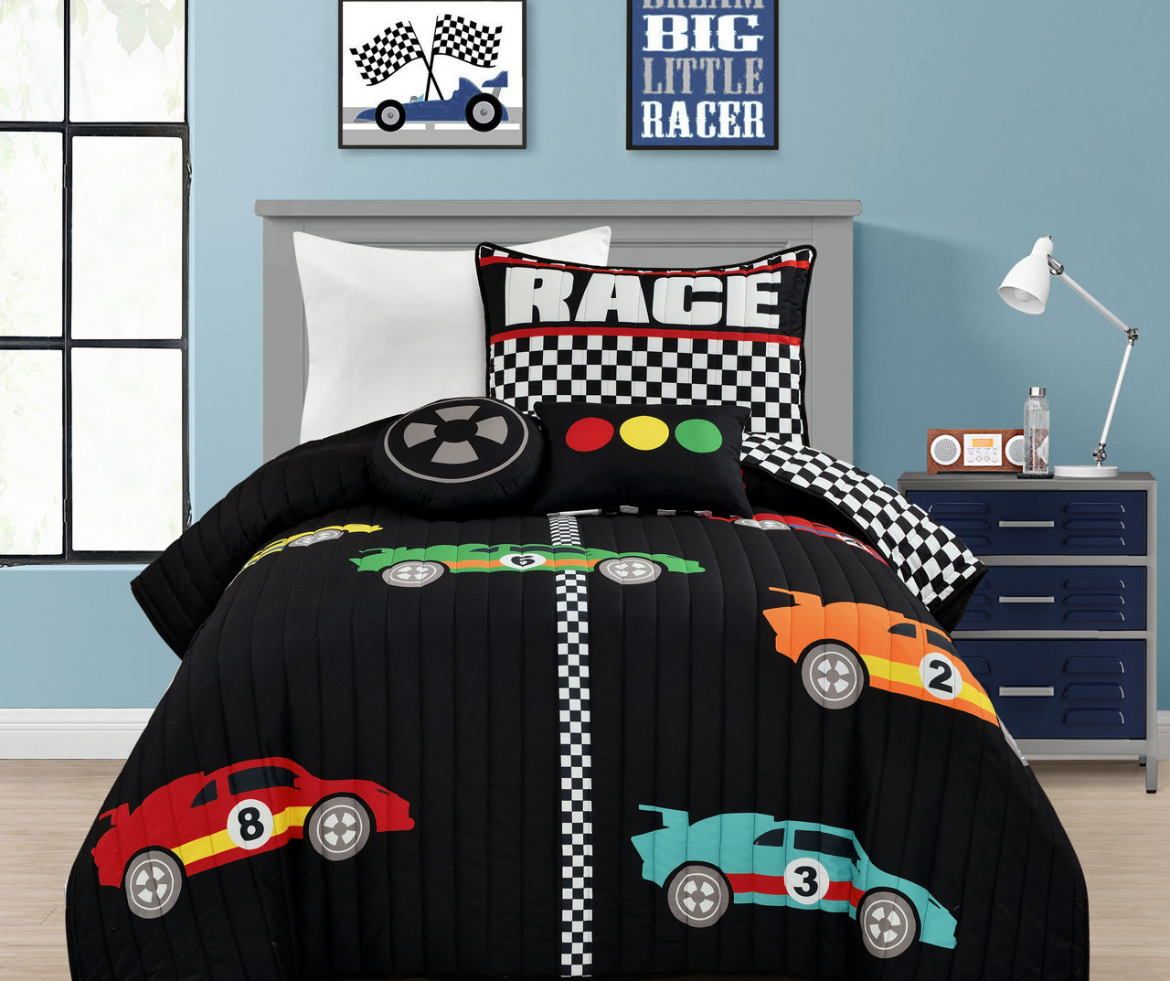 Black & White Checkerboard Racing Cars Twin 4-Piece Quilt Set
