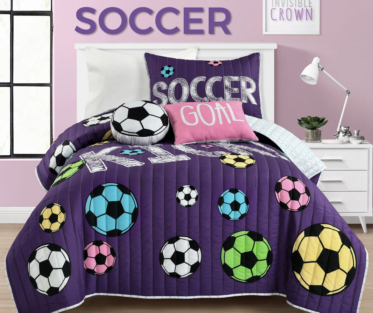 Purple Soccer Twin 4-Piece Quilt Set