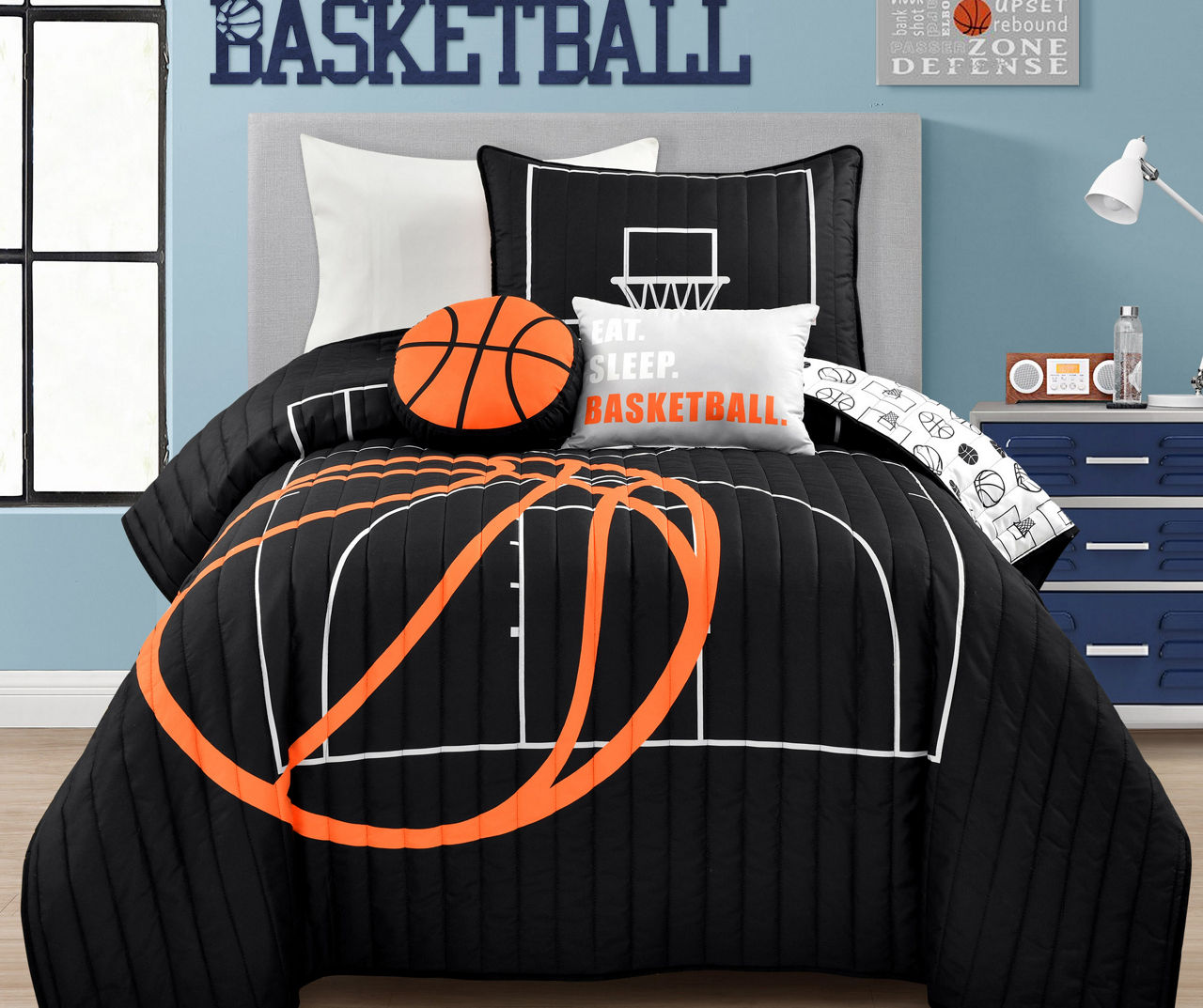 Black & Orange Basketball Twin 4-Piece Quilt Set