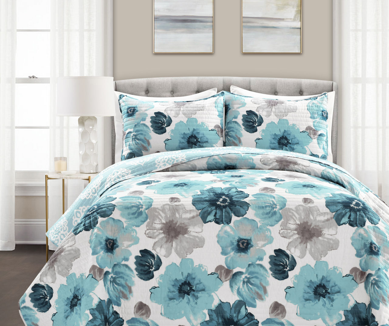 Leah White & Blue Floral Full/Queen 3-Piece Quilt Set | Big Lots