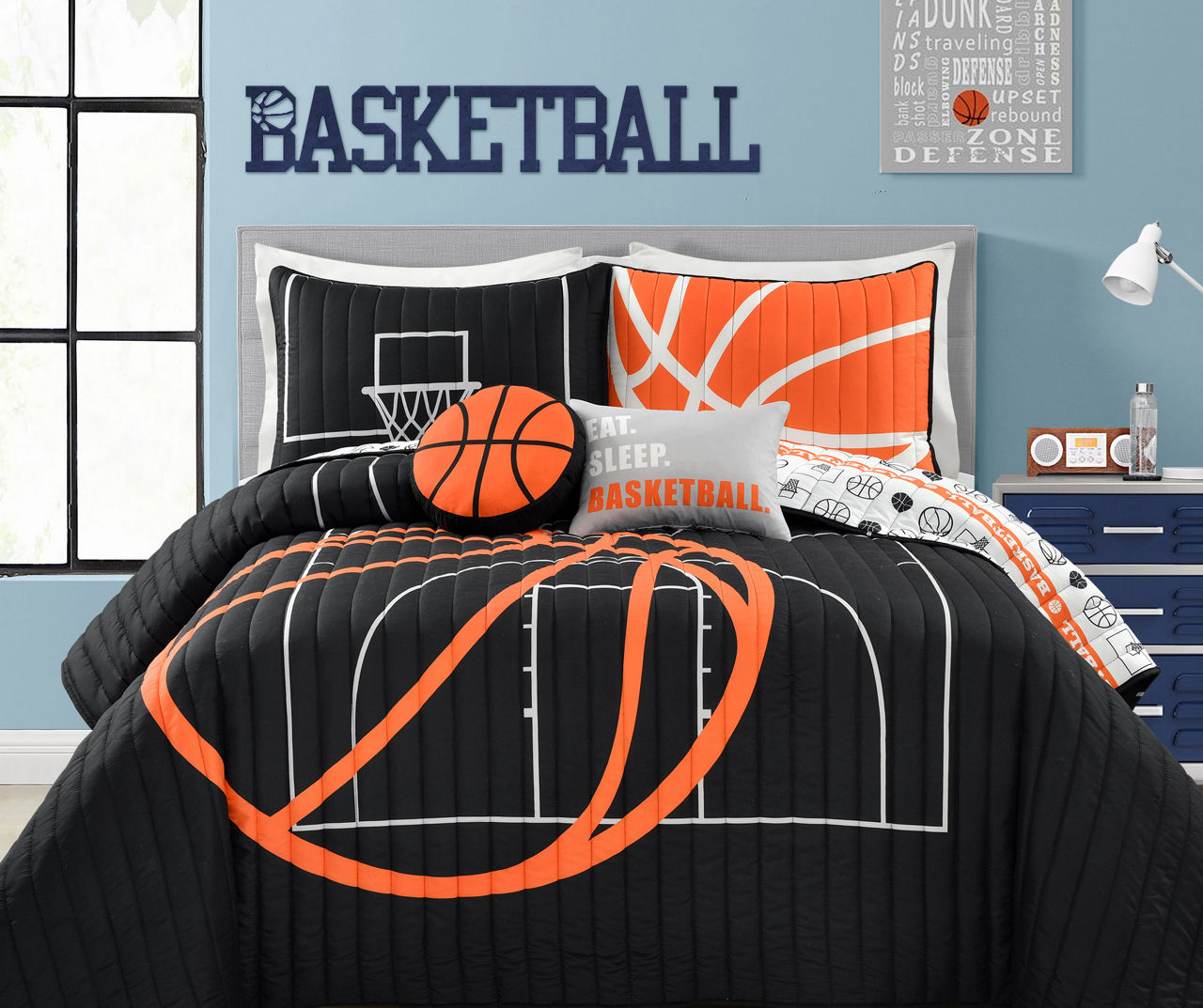 Black & Orange Basketball Full/Queen 5-Piece Quilt Set